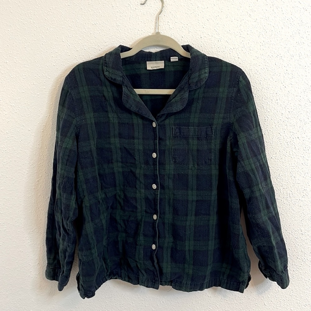 LL Bean Forrest Green and Blue Plaid Button Up Long Sleeve Flannel Size M